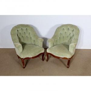 Pair Of So-called Crapaud Armchairs, Napoleon III Period - Mid-19th Century