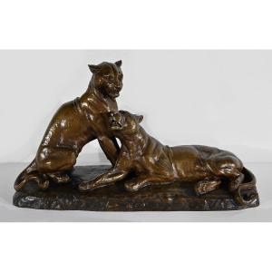 Important Bronze « Couple De Lionnes », De L. Riché – Début XXe