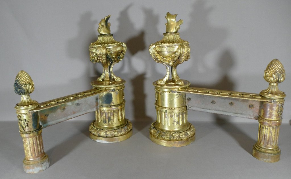 Pair Of Louis XVI Lights, Andirons In Gilt Bronze After Blerzy, XVIII - XIX-photo-8