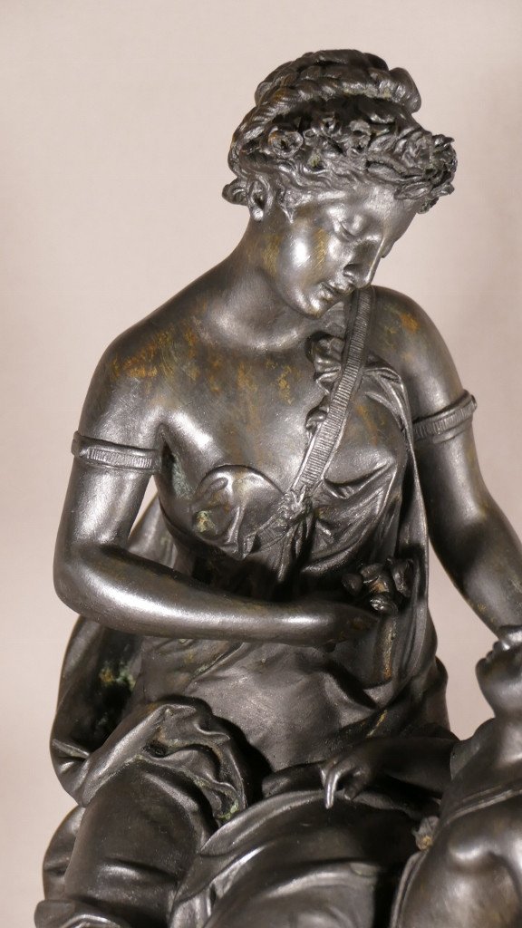 Louis Cosme Demaille, Bronze Sculpture Young Woman With Cherub, Dated 1871-photo-2