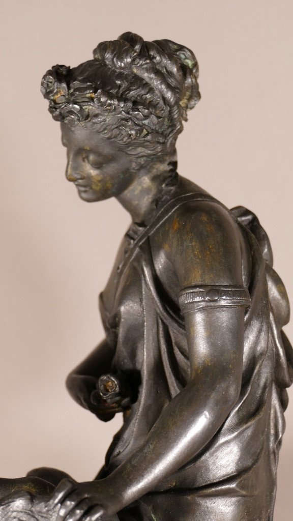 Louis Cosme Demaille, Bronze Sculpture Young Woman With Cherub, Dated 1871-photo-6