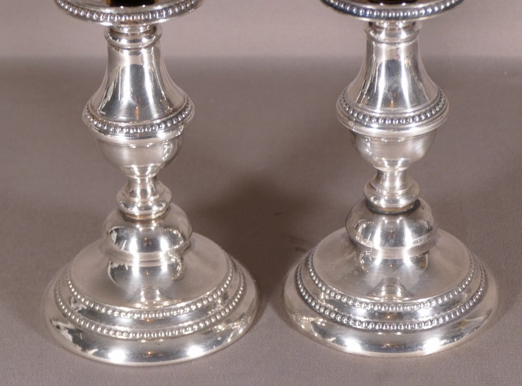 Pair Of Candlesticks In Silver Metal With Pearls, Goldsmith Noël Collet, Mid 20th Century-photo-2