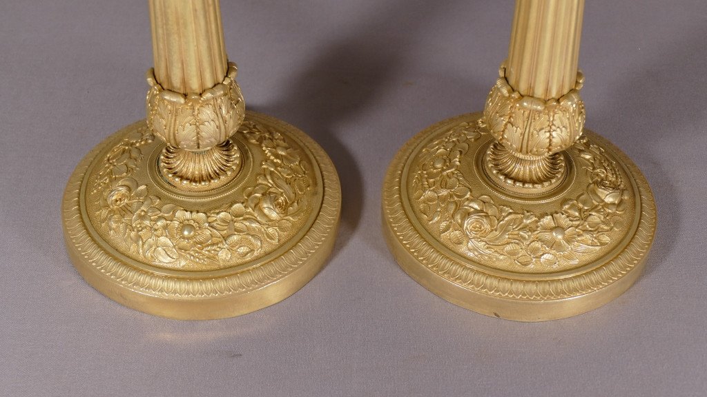 Pair Of Candlesticks In Bronze And Gilded Brass, Restoration Period, Early XIXth-photo-2