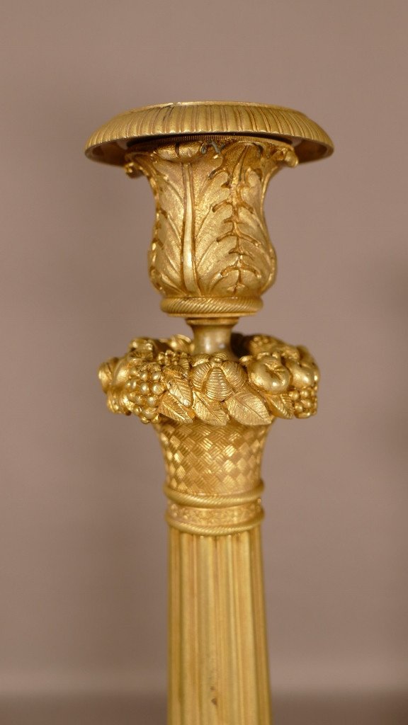 Pair Of Candlesticks In Bronze And Gilded Brass, Restoration Period, Early XIXth-photo-1