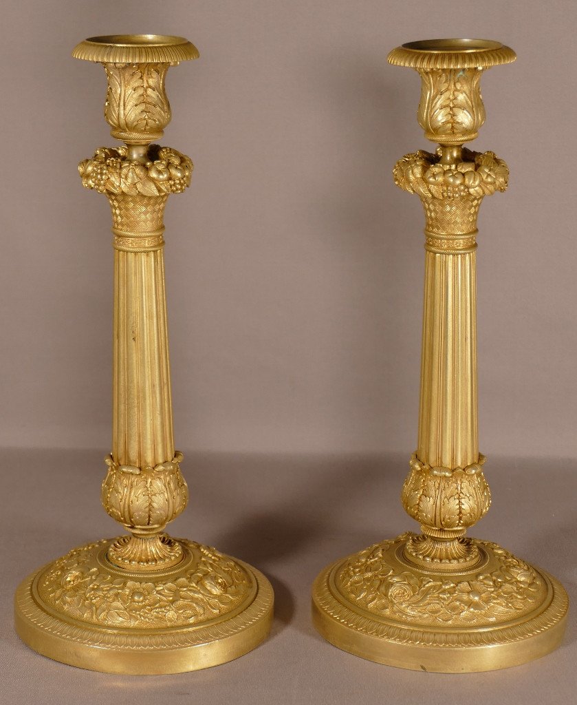 Pair Of Candlesticks In Bronze And Gilded Brass, Restoration Period, Early XIXth