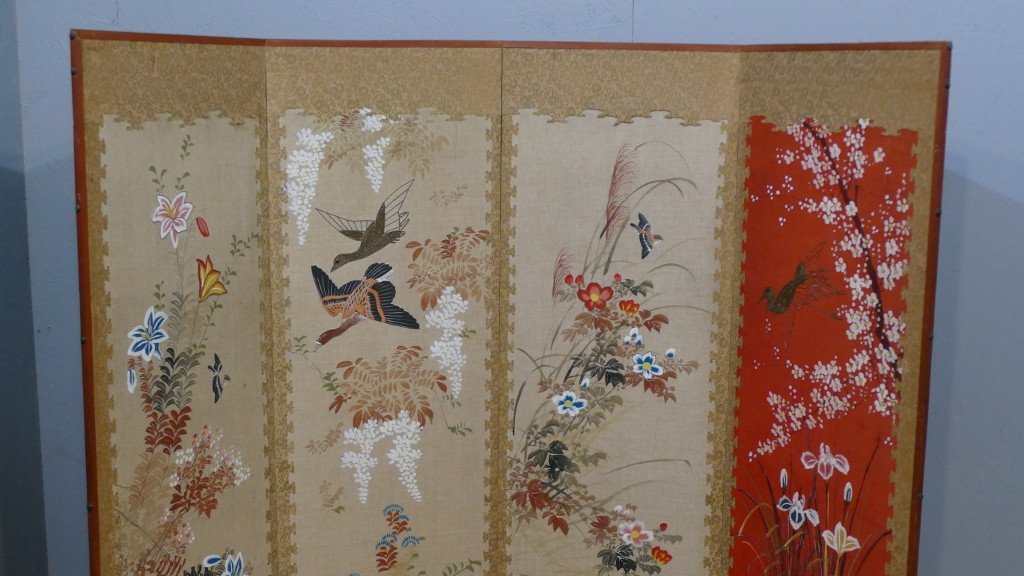 Asian Screen With 4 Leaves In Painted And Embroidered Silk, Mid Twentieth Time-photo-2