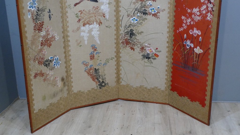 Asian Screen With 4 Leaves In Painted And Embroidered Silk, Mid Twentieth Time-photo-3