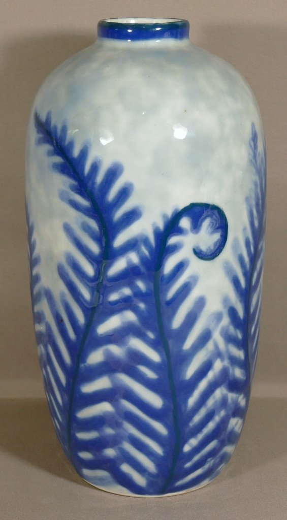 Camille Tharaud, Grand Vase Art Déco Fougères Bleues En Porcelaine De Limoges-photo-2