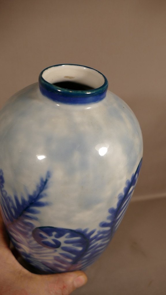 Camille Tharaud, Grand Vase Art Déco Fougères Bleues En Porcelaine De Limoges-photo-4