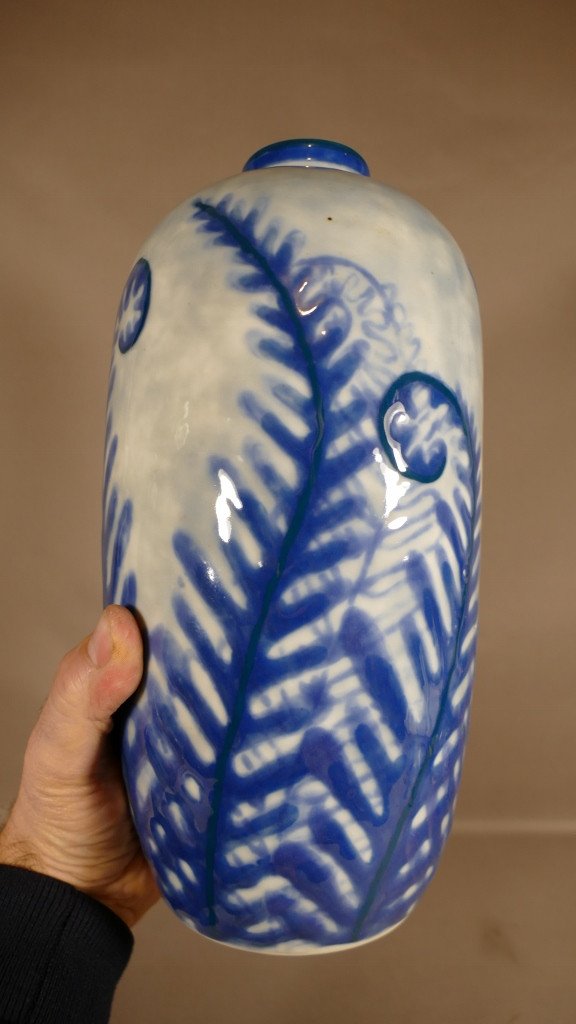 Camille Tharaud, Grand Vase Art Déco Fougères Bleues En Porcelaine De Limoges-photo-3