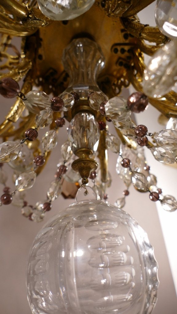 9-light Chandelier With Eagles In Gilt Bronze And Transparent Crystal And Amethyst, Early 20th Century-photo-8