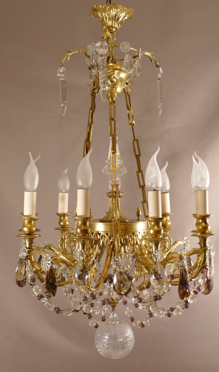 9-light Chandelier With Eagles In Gilt Bronze And Transparent Crystal And Amethyst, Early 20th Century