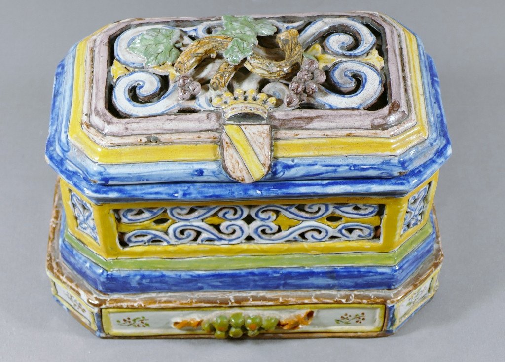 Coffret à Tiroir En Faïence Polychrome, Italie? XIX ème-photo-2