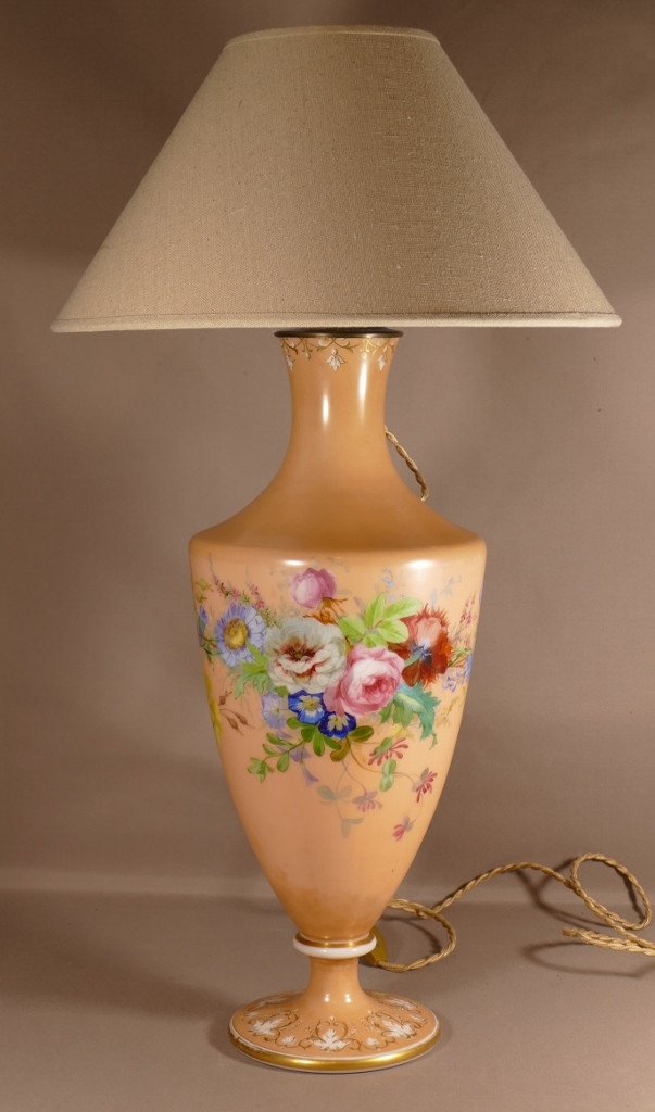 Opaline Lamp Hand Painted With Bouquets Of Flowers, Roses, Anemones, Ipommées... XIX