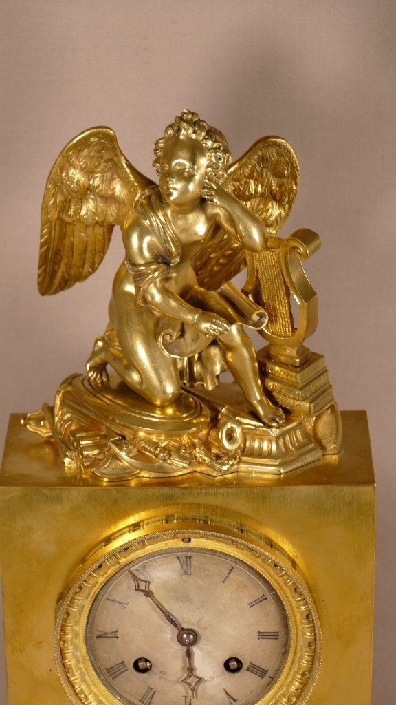 Pendulum Borne At The Cherub And The Arts, Gilt Bronze Restoration Period, Early XIXth-photo-3