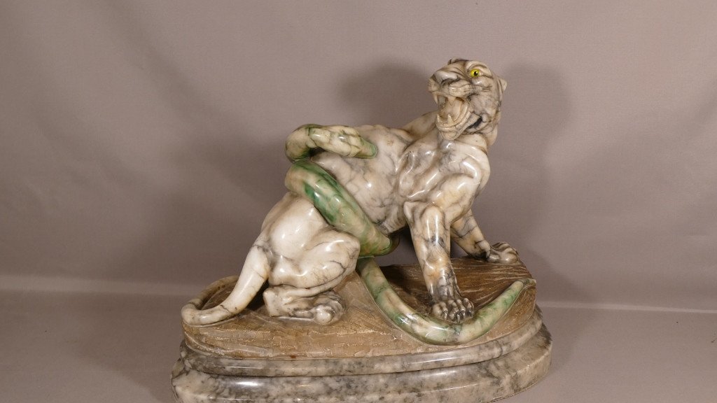 Panther Attacked By Snake, Important Animal Group In Marble, Late XIX-photo-2