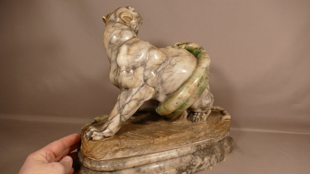 Panther Attacked By Snake, Important Animal Group In Marble, Late XIX-photo-5