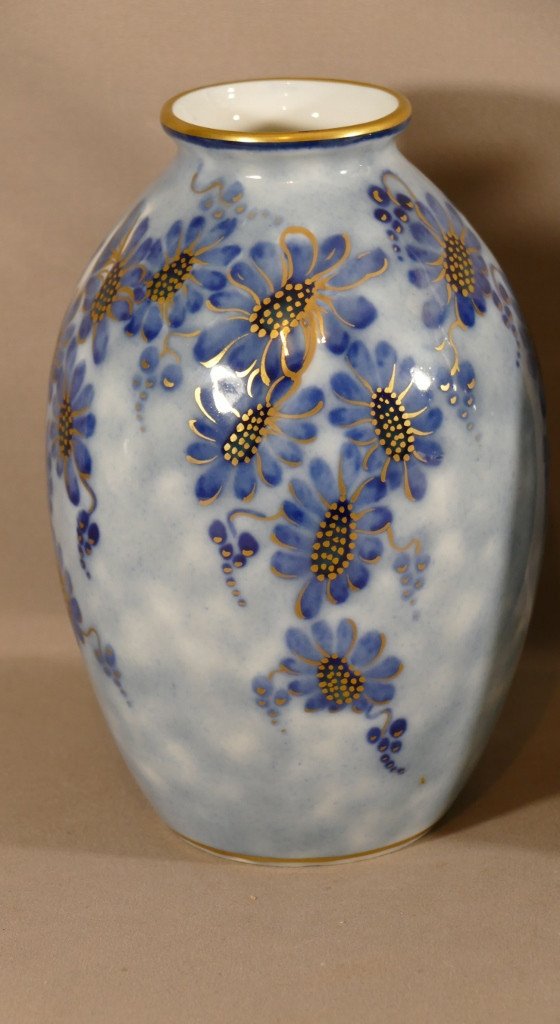 Tharaud Limoges, Pair Of Vases With Blue And Gold Flowers, Limoges Circa 1950-photo-4