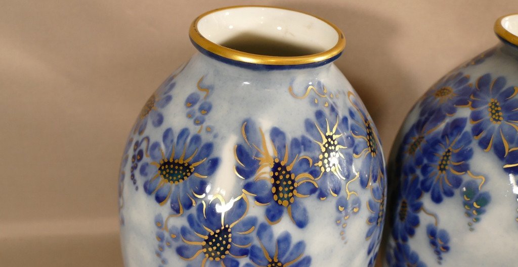 Tharaud Limoges, Pair Of Vases With Blue And Gold Flowers, Limoges Circa 1950-photo-2