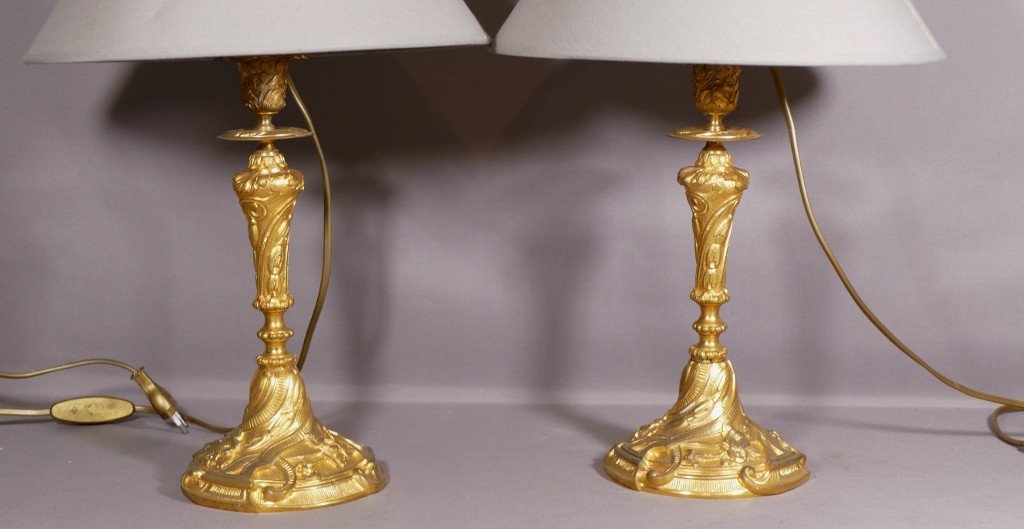 Pair Of Lamps, Candlesticks, Candlesticks In Gilt Bronze Napoleon III, End XIX-photo-2