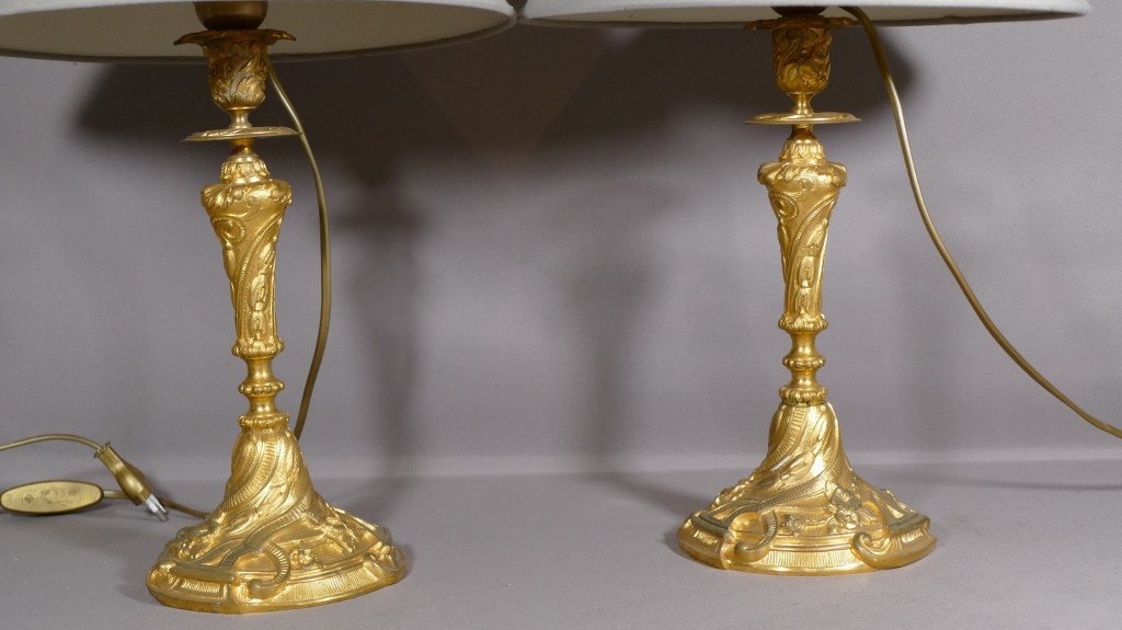 Pair Of Lamps, Candlesticks, Candlesticks In Gilt Bronze Napoleon III, End XIX-photo-4