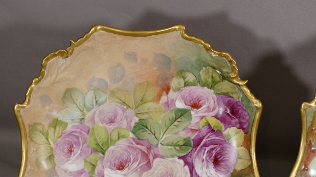 Les Roses, Pair Of Limoges Porcelain Hand Painted Dishes-photo-4