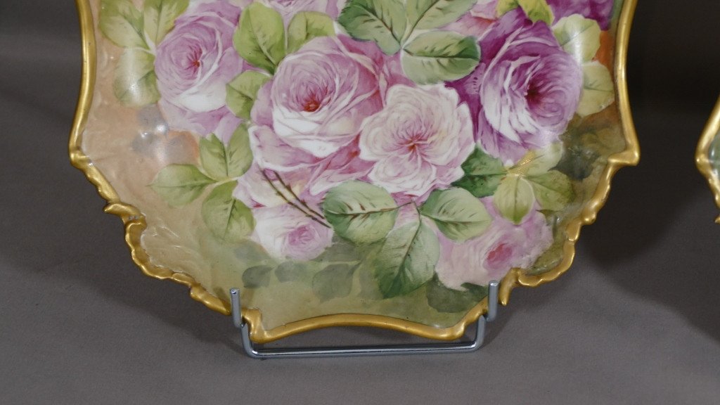 Les Roses, Pair Of Limoges Porcelain Hand Painted Dishes-photo-5