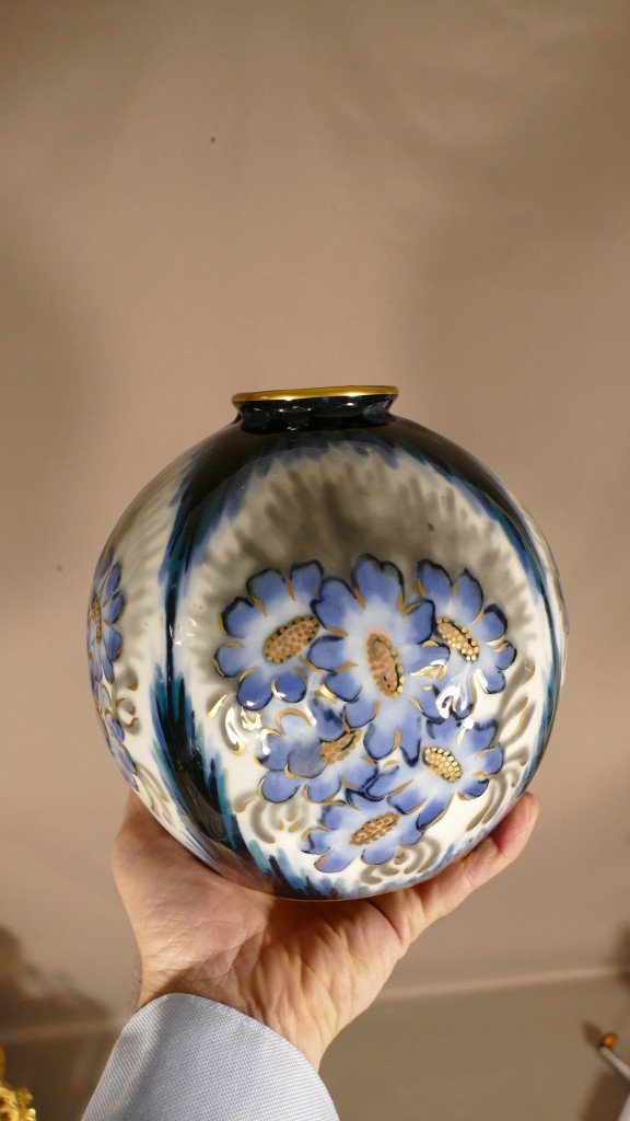 Camille Tharaud, Vase Boule Aux Fleurs style Art Déco, époque Vers 1940-photo-1