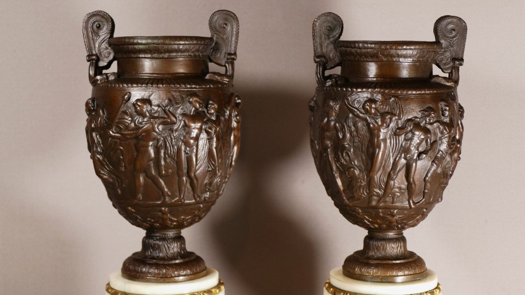 Paire De Cassolettes Ou Urnes à l'Antique En Bronze Et Marbre, Barbedienne Colas, XIX ème-photo-2