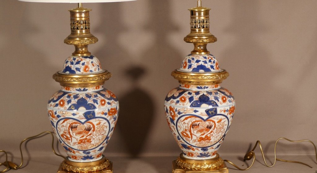 Paire De Lampes Imari En Porcelaine Et Bronze Doré, époque XIX ème-photo-3