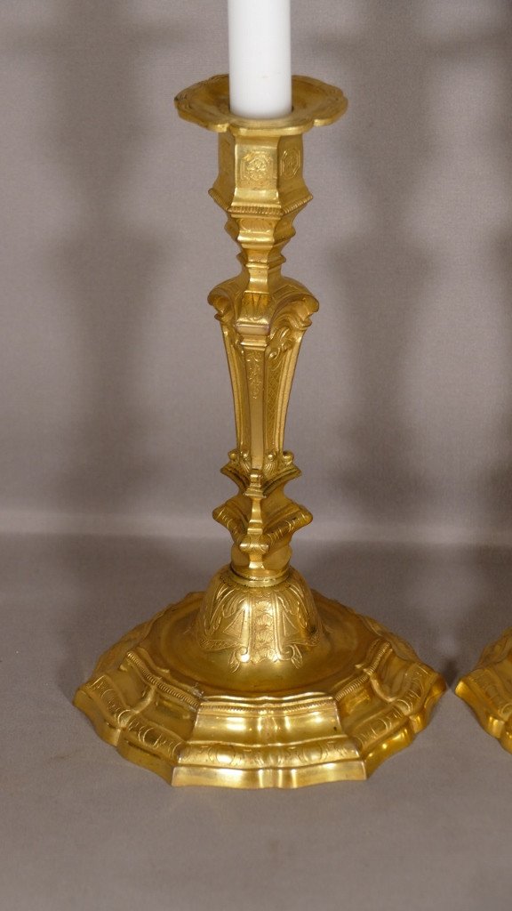 Pair Of Regency Candlesticks In Chased And Gilded Bronze XVIIIth Century-photo-2