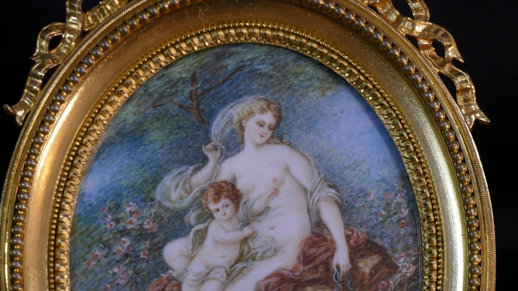 Vénus Et l'Amour d'Après François Boucher, Miniature  Cadre Signé Picard, XIX ème-photo-1