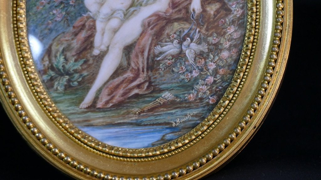 Vénus Et l'Amour d'Après François Boucher, Miniature  Cadre Signé Picard, XIX ème-photo-3