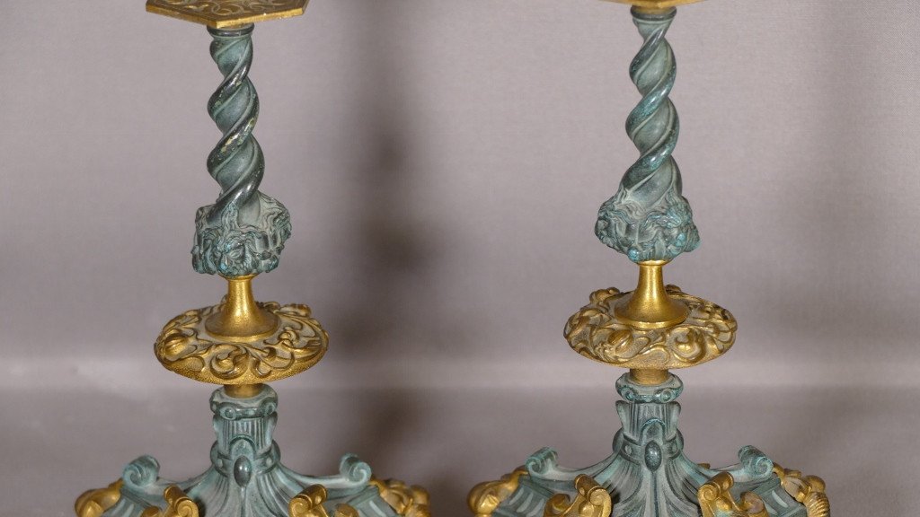 Pair Of Neo Renaissance Candlesticks In Gilt Bronze And Green Patina, XIXth Time-photo-1