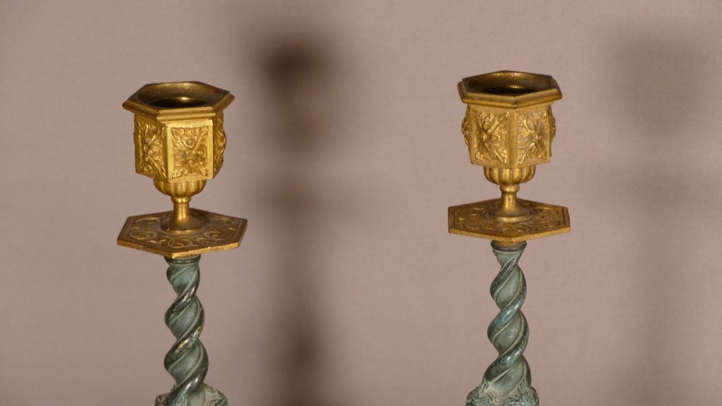 Pair Of Neo Renaissance Candlesticks In Gilt Bronze And Green Patina, XIXth Time-photo-2