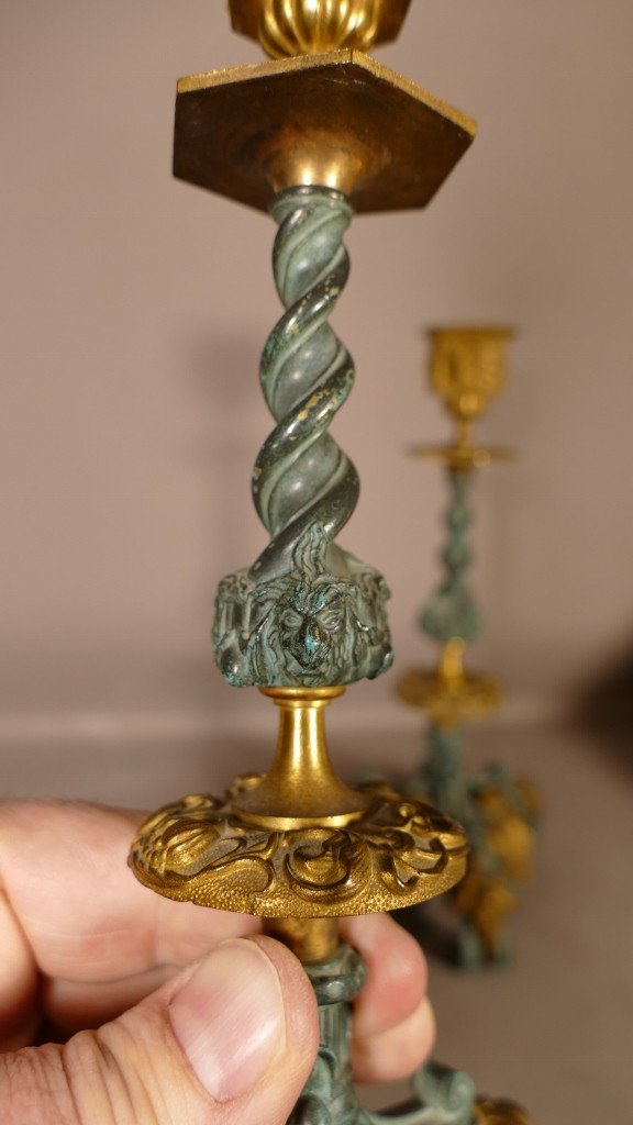 Pair Of Neo Renaissance Candlesticks In Gilt Bronze And Green Patina, XIXth Time-photo-7