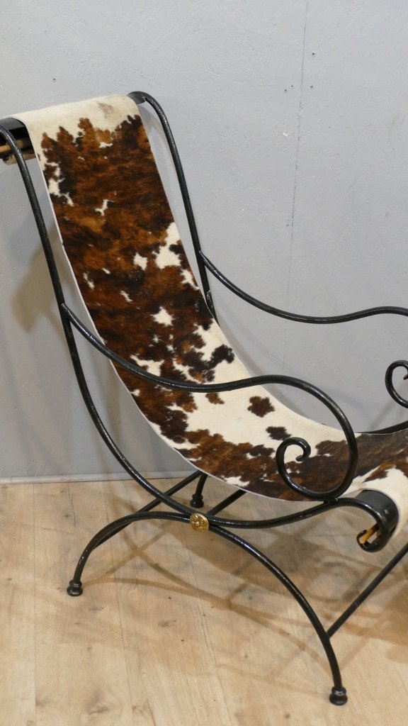 Pair Of Wrought Iron Armchairs In The Style Of Lounge Chairs And Cowhide, Late Nineteenth Time-photo-3