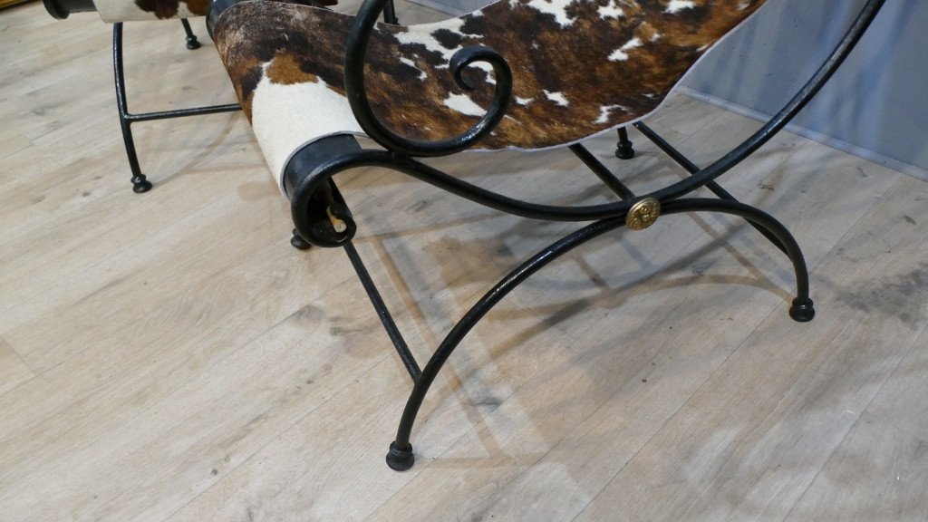 Pair Of Wrought Iron Armchairs In The Style Of Lounge Chairs And Cowhide, Late Nineteenth Time-photo-3