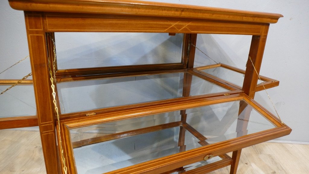 Table à Thé Anglaise Formant Vitrine, Acajou Et Filets De Bois Clair, époque Fin XIX ème-photo-4