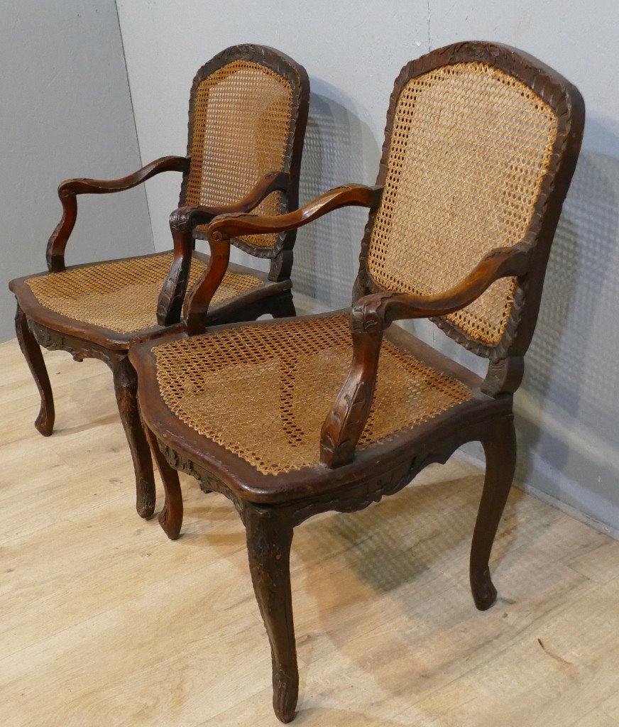 Pair Of Canned Armchairs Louis XV Period In Carved Beech, XVIIIth Century-photo-3