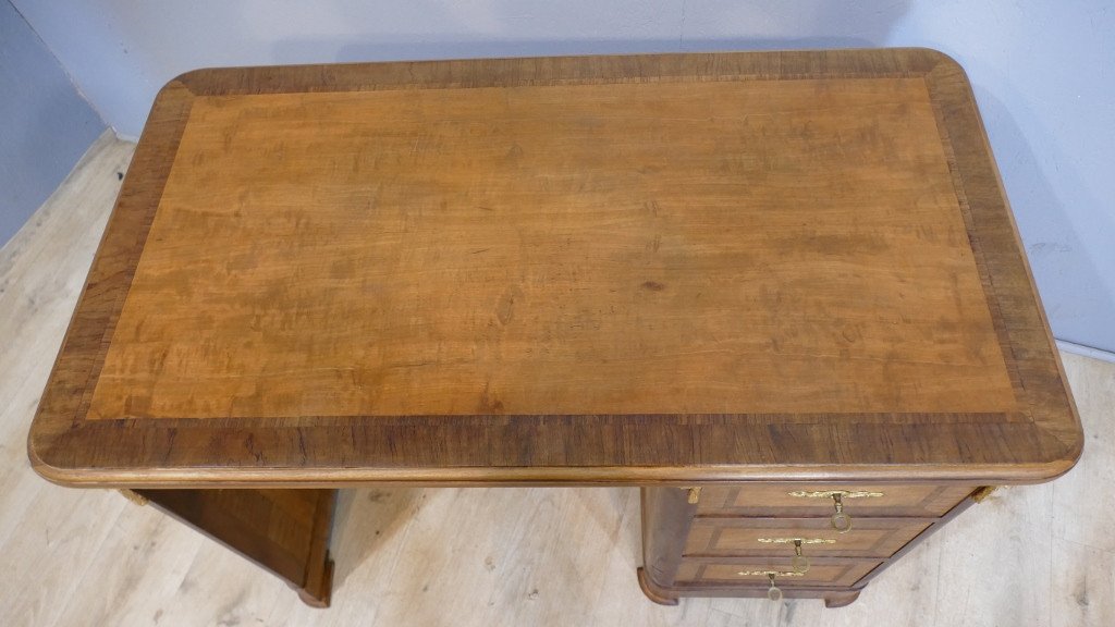 Small Louis XVI Style Middle Flat Desk In Walnut And Mahogany Frieze, Circa 1925-photo-4