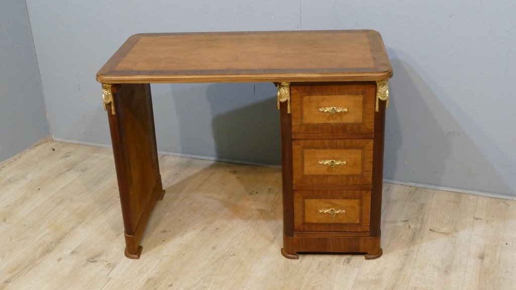 Small Louis XVI Style Middle Flat Desk In Walnut And Mahogany Frieze, Circa 1925-photo-2