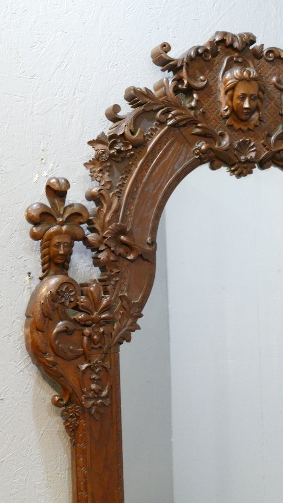 Miroir Glace De Style Régence En Bois De Chêne Sculpté  Fleurs Et Mascarons époque Fin XIX ème-photo-2