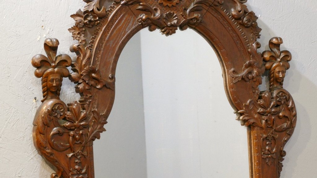 Miroir Glace De Style Régence En Bois De Chêne Sculpté  Fleurs Et Mascarons époque Fin XIX ème-photo-4