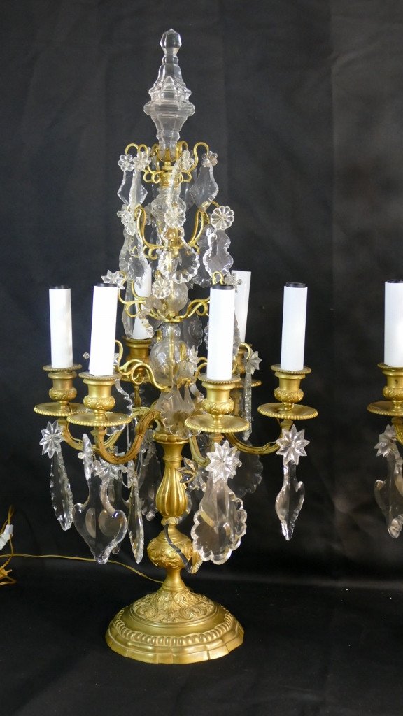 78 Cm, Pair Of Large Regency Style Girandole Lamps In Gilt Bronze And Crystal, XIX-photo-3