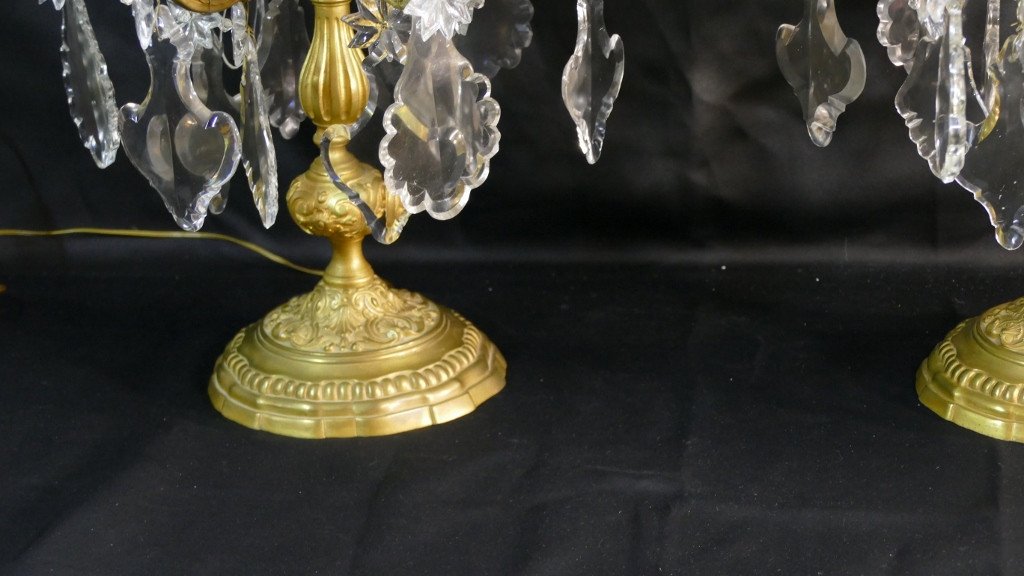 78 Cm, Pair Of Large Regency Style Girandole Lamps In Gilt Bronze And Crystal, XIX-photo-4