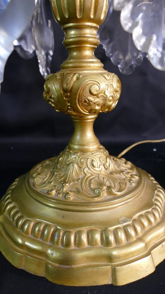 78 Cm, Pair Of Large Regency Style Girandole Lamps In Gilt Bronze And Crystal, XIX-photo-5