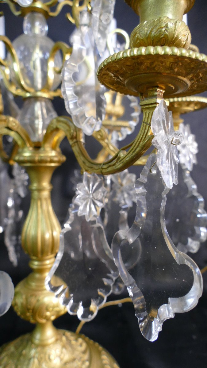 78 Cm, Pair Of Large Regency Style Girandole Lamps In Gilt Bronze And Crystal, XIX-photo-6