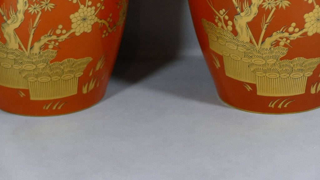 Bernardaud Seoul, Pair Of Japanese Red And Gold Potiche In Limoges Porcelain-photo-2