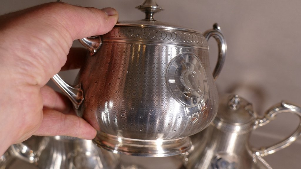 Christofle Guilloché, Coffee Tea Service And Tray In Silver Metal, Early Twentieth Time-photo-4